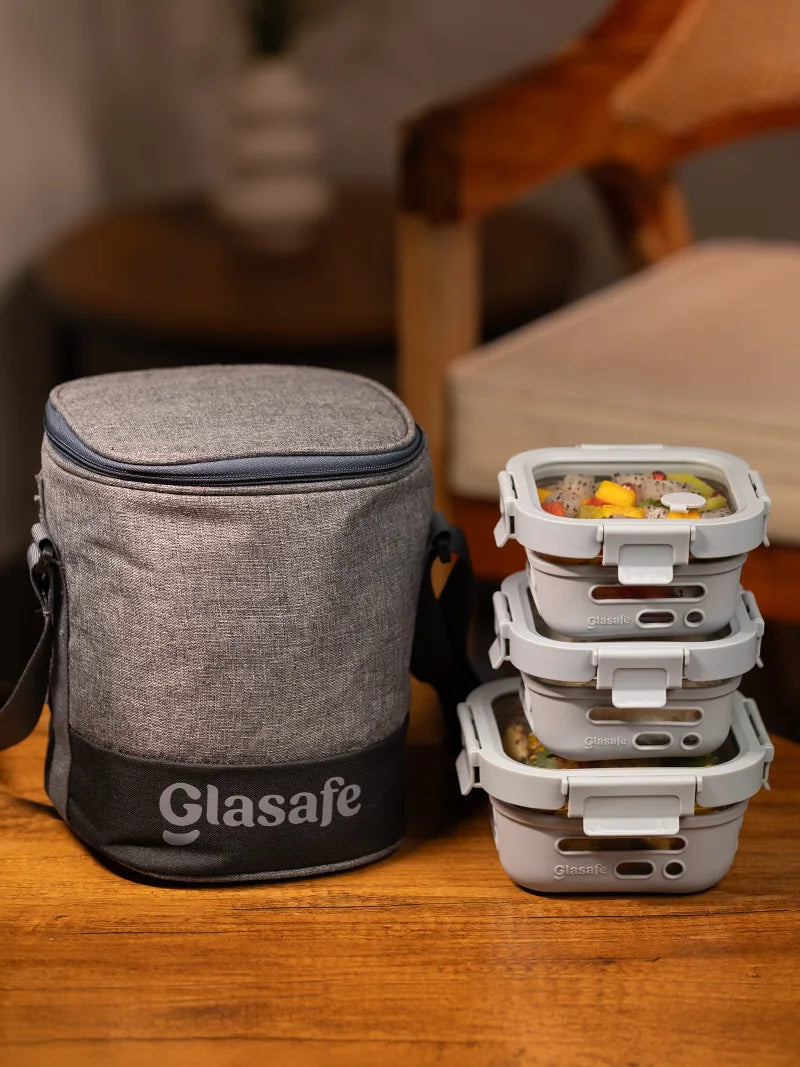 Meal Mate Pro Set of 3 Glass Lunch Boxes with Lunch Bag - (1x520ml + 2x320ml + 5l bag)