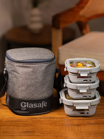 Meal Mate Pro Set of 3 Glass Lunch Boxes with Lunch Bag - (1x520ml + 2x320ml + 5l bag)