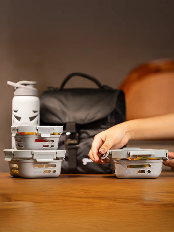 Glass Lunch Box Combo For Office with Air-Tight Glass lid & Silicone Sleeve (Tiffin: 320x1 + 520x2, Bottle, Bag)